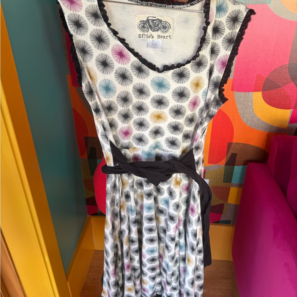 Effie's Heart White Midi Dress with Black Trim and Multicolor Dot Pattern